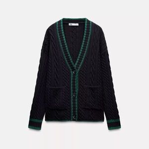 Zara Black and Green Cable Knit Cardigan